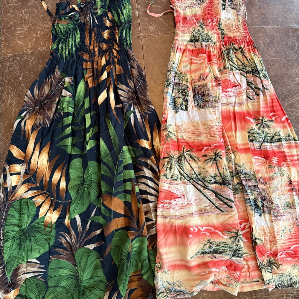 Women’s Tropical Print Smocked short Maxi Dress - Green palms and sunset